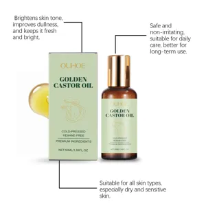 OUHOE huile de ricin dorée 50ml, pressée à froid sans hexane soin des cheveux et de la peau.