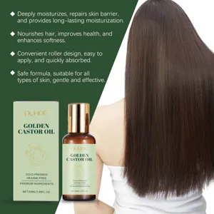 Huile de ricin dorée OUHOE avec design à bille pour soin des cheveux et hydratation.
