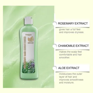 Close-up detail of green hair conditioner bottle with botanical extract feature callouts.