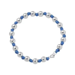 S925 sterling zilveren kralenarmband met blauw handgeweven koord en veersluiting