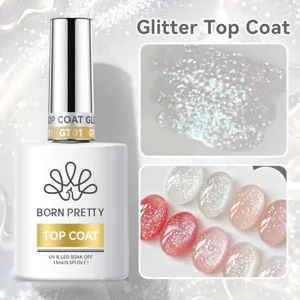 BORN PRETTY 15ml glitter top coat showing a sparkling gel effect on nail swatches
