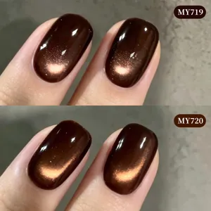 Nahaufnahme von schokobraunem Glasperlen-Katzenaugen-Magnet-Gelnagellack-Effekt.
