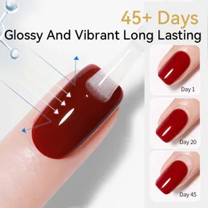 Macro view of glossy red nail polish showing 45-day long-lasting durability and shine.
