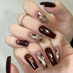 Detaillierte Ansicht von schokoladenbrauner Cat-Eye-Maniküre mit Leoparden-Akzenten.