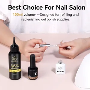 Detail shot of BORN PRETTY 100ml nail gel top coat refill bottle and nail salon application
