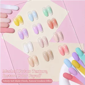 Close-up of pastel gradient nail tips showing the velvety matte mashed potato gel finish