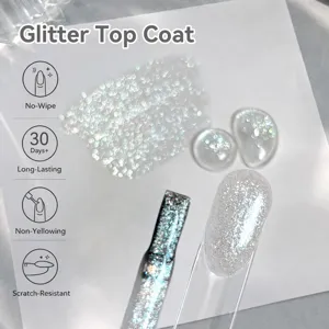 Professional long-lasting no-wipe glitter top coat for iridescent nail art finish