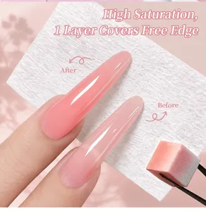 Close-up of high saturation pink cushion nail gel covering the free edge on long nails