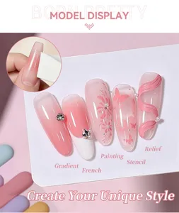 Macro view of five nail art styles including gradient French and pink relief patterns