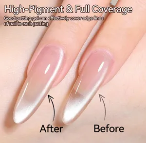 Side-by-side comparison showing patting gel effectively covering nail edge lines for full coverage.