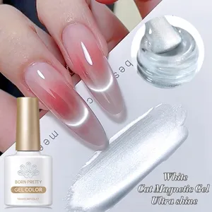Close-up of white water cat eye magnetic gel with ultra shine finish on nails