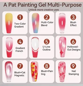 Comprehensive showcase of 9 creative nail art effects using multi-purpose pat painting gel.