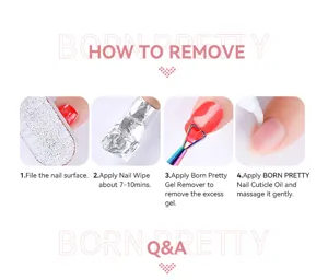 Four-step visual guide for removing BORN PRETTY nail gel with professional tools.