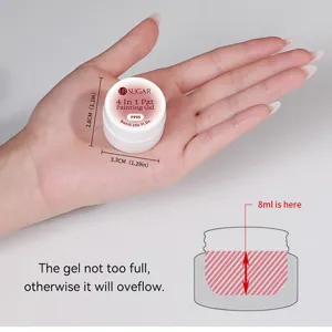 Close-up of 8ml nail painting gel jar on hand with size dimensions and usage warning
