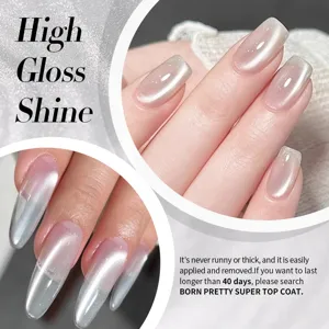 Cat eye gel nail polish with silver pearlescent high gloss finish shown on long nails