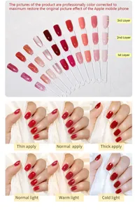 Comparison of nail gel color effects under different layers, application, and lighting conditions.