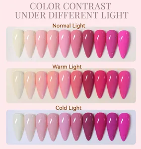 Nail gel color contrast chart showing 10 pink shades under normal, warm, and cold light