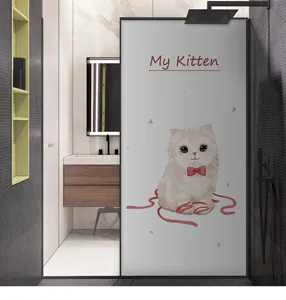 Modern frosted privacy window film with cute kitten illustration for bathroom decoration