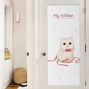 White frosted privacy window film featuring a cute kitten design for home glass doors