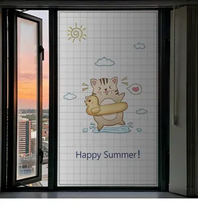 Detail of frosted window film with a cute cartoon cat design for privacy and sun shading