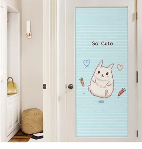 Detailed view of cute cartoon rabbit frosted glass film applied on a white interior door