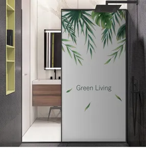 Lámina de privacidad para cristales con hojas verdes tropicales y texto Green Living