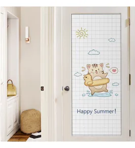 Detailed macro view of frosted glass privacy sticker featuring a cute cartoon cat design