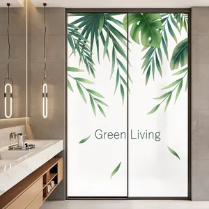 Película de privacidad esmerilada con hojas tropicales para puerta de vidrio baño