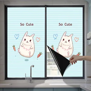 Cartoon rabbit privacy window film with blue stripes and blackout backing for bathroom