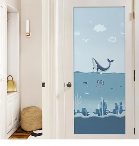 Detailed view of ocean-themed privacy door film with whale and jellyfish illustrations.