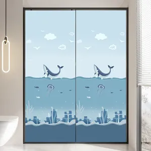 Blue ocean cartoon privacy glass film protector for sliding doors in modern bathroom