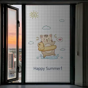 Frosted window film with cute cartoon cat for privacy and sun protection