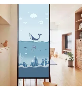 Blue ocean window sticker with whale design shown in a bright home setting