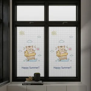 Decorative frosted privacy window film with cute cartoon cat and Happy Summer motif