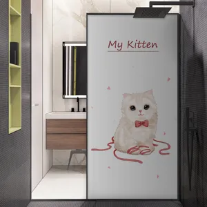 Frosted privacy window film with cute cartoon cat design for bathroom shower doors
