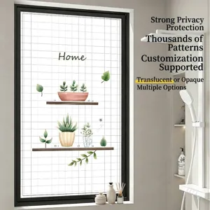 Frosted Window Film Privacy Protection Static Cling Green Potted Plant Design Non Adhesive UV Blocking Glass Sticker Home