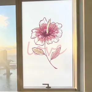 Decorative frosted privacy window film with pink hibiscus flower and love text design