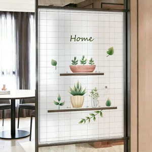 Frosted privacy window film with green potted plants and Home design for home decor