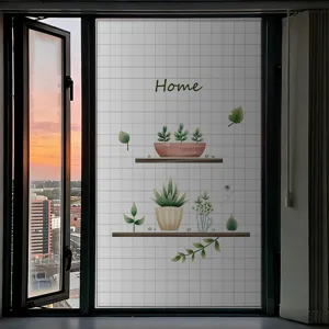 Frosted privacy window film with green plant design and grid pattern for home decor
