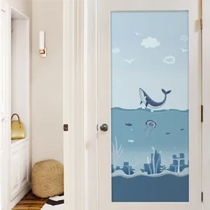 Ocean theme blue whale and jellyfish privacy window film sticker on glass door panel