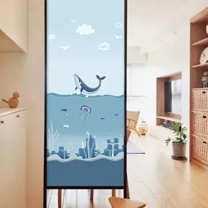 Blue ocean whale and jellyfish privacy window film for glass door decoration in living room