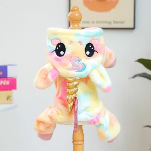 Cute tie-dye plush pet costume with unicorn horn for small dogs detail view close up cozy