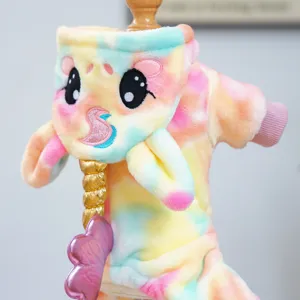 Cute plush pony pet dog hoodie detail shot, warm colorful fleece winter puppy costume apparel.