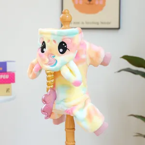 Rainbow unicorn pet hoodie detail shot, showcasing soft plush fabric and cute 3D horn design.