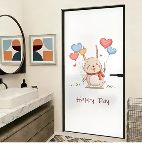 Detailed macro view of frosted glass privacy film with a cute cartoon rabbit and balloons
