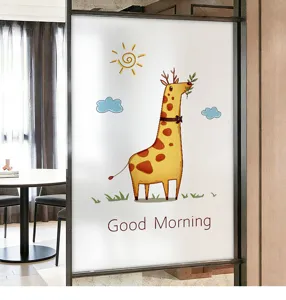 Close-up view of cartoon giraffe frosted window sticker for privacy and home decoration