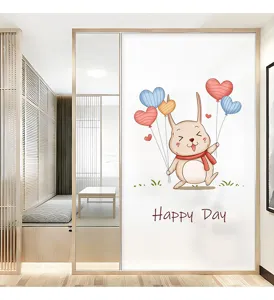 Frosted window film with cute rabbit holding heart balloons and Happy Day text.