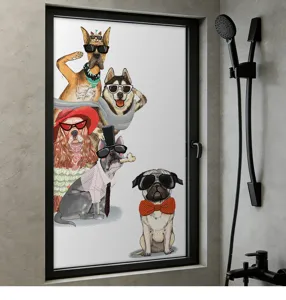 Detail of frosted privacy window film with cool dogs illustration in bathroom setting