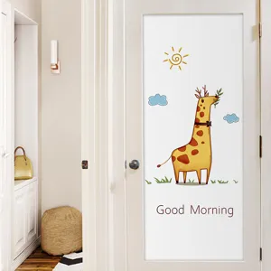 Frosted glass privacy film with cartoon giraffe pattern applied to a white room door