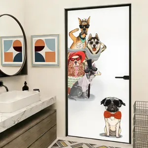 Decorative cool dogs frosted privacy glass sticker applied to a modern bathroom door